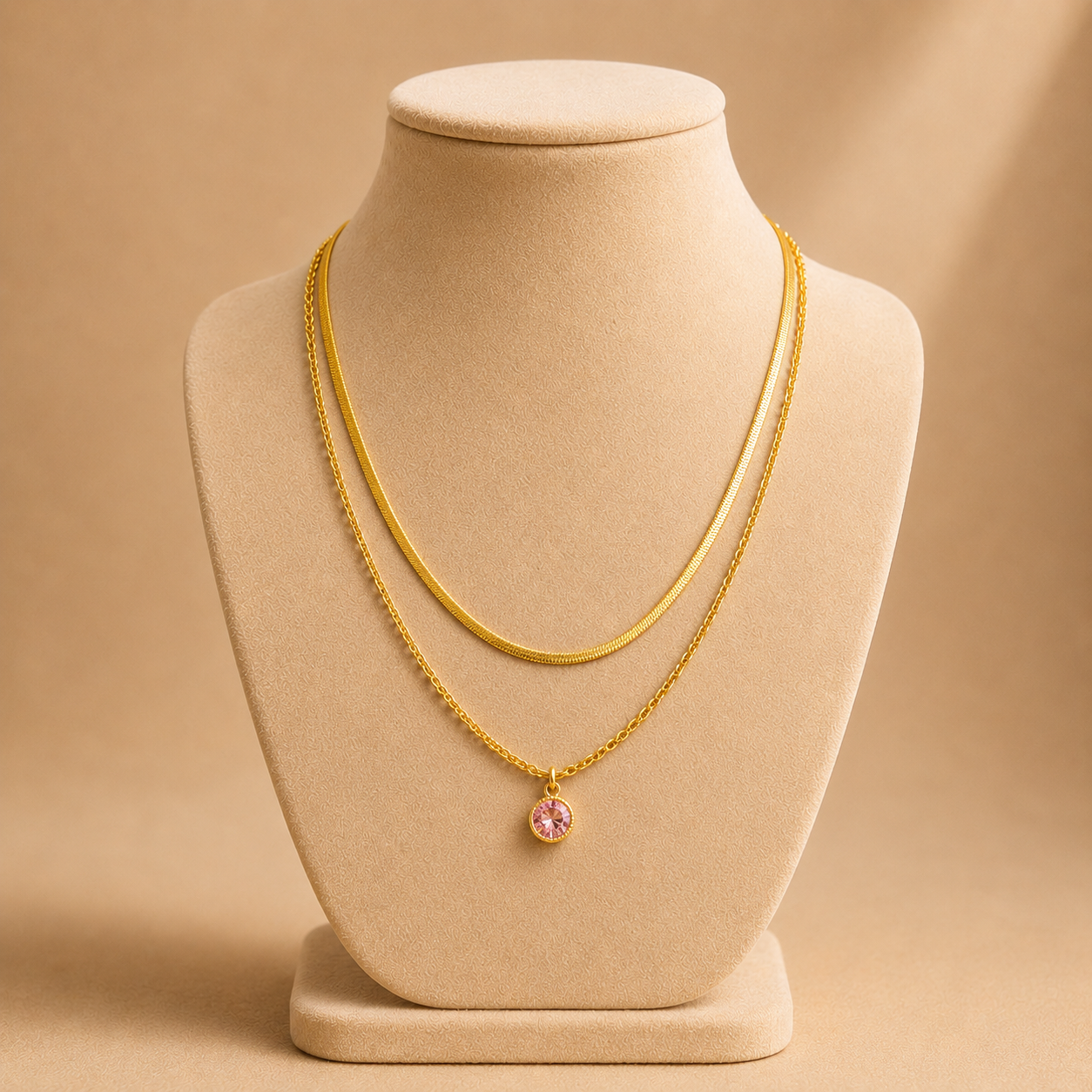 Layered Pink Crystal Pendant Necklace