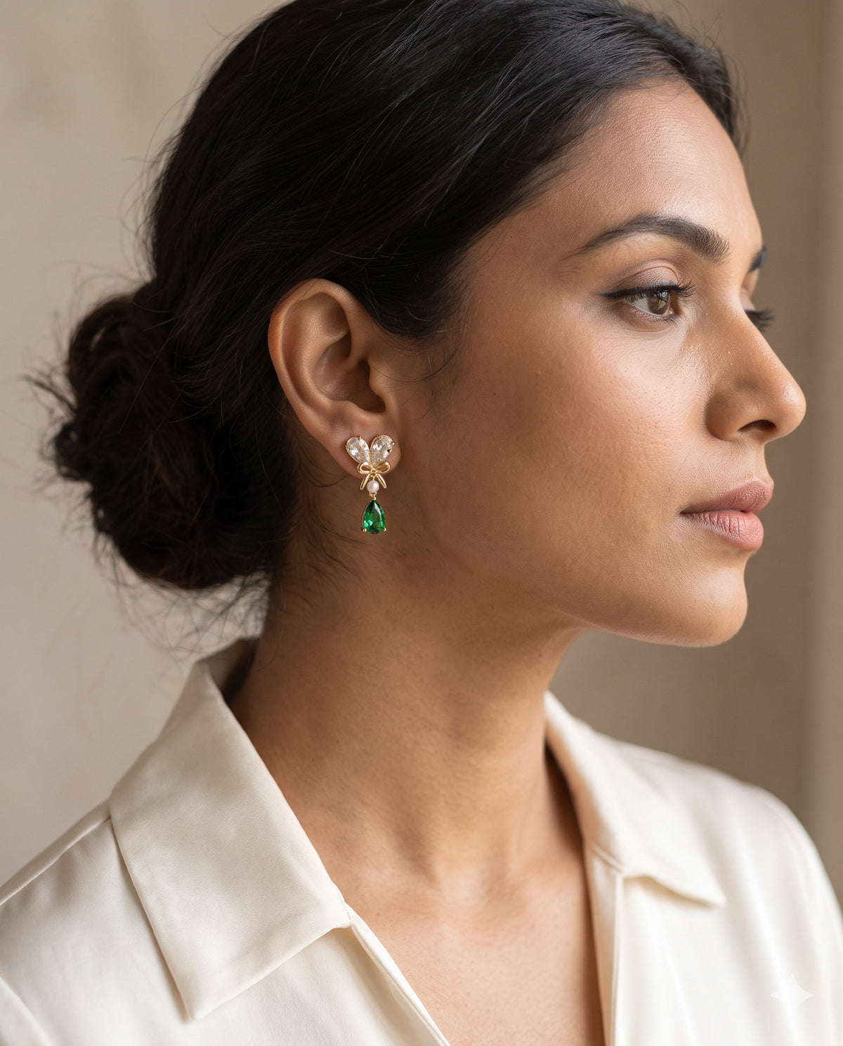 Bow, Pearl and Green Stone Drop Earrings