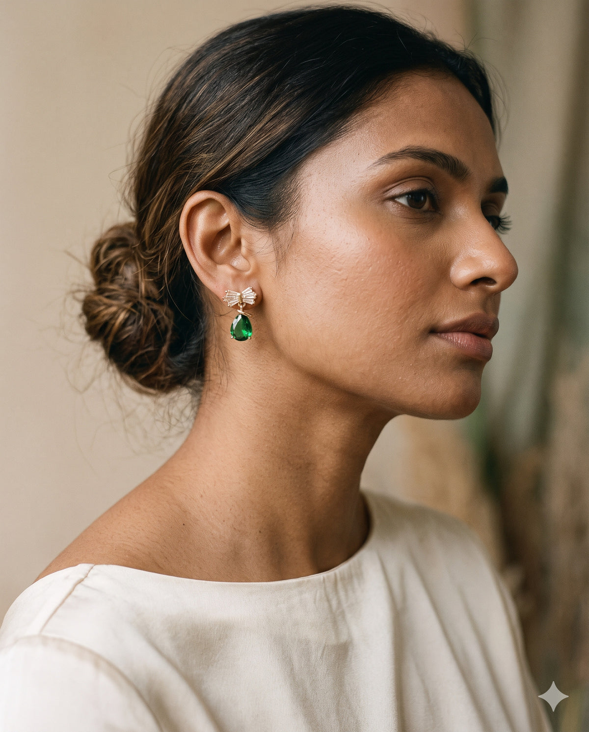 Baguette Bow Green Pear Drop Earrings