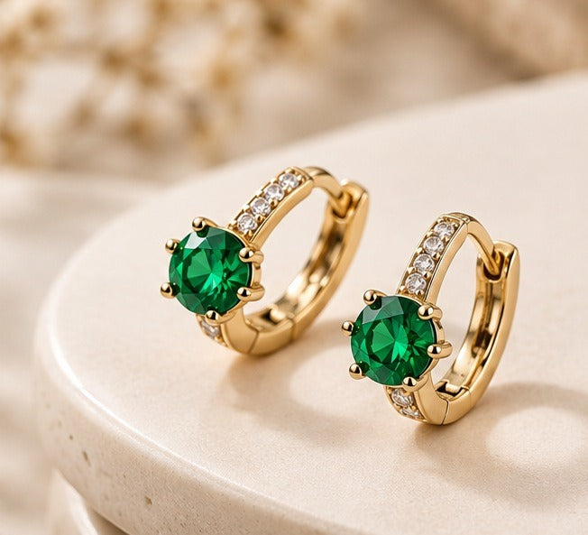 Green Round Stone Pave Huggie Earrings