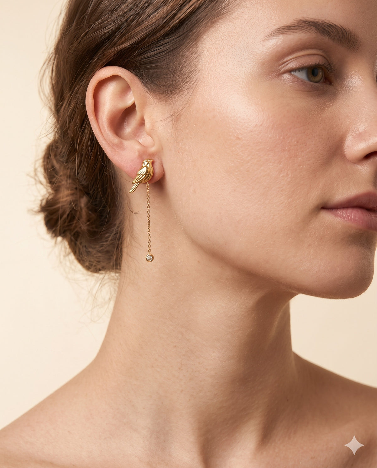 Gold Bird Stud Earrings with Chain Drop