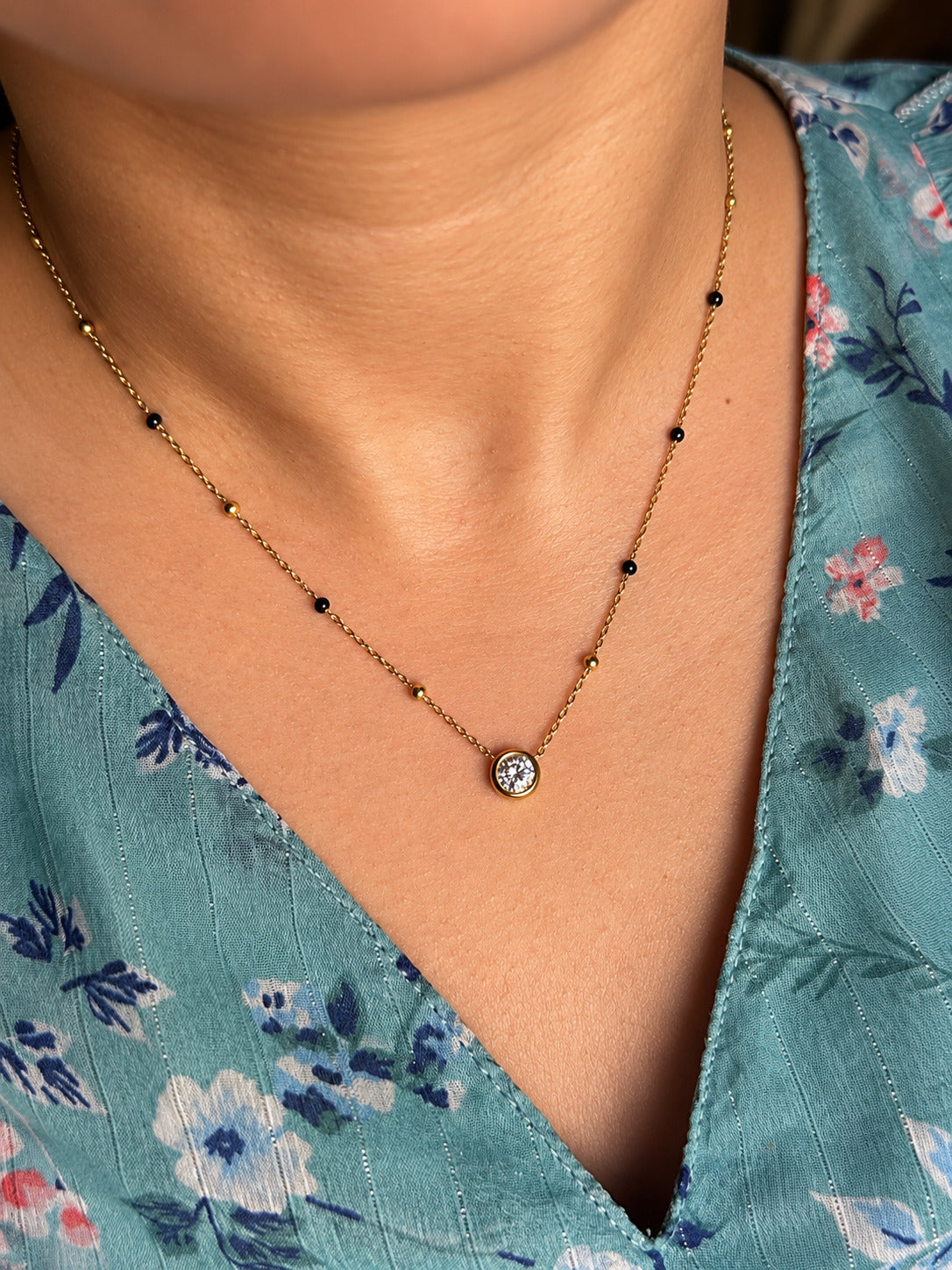 Black Bead Solitaire Necklace