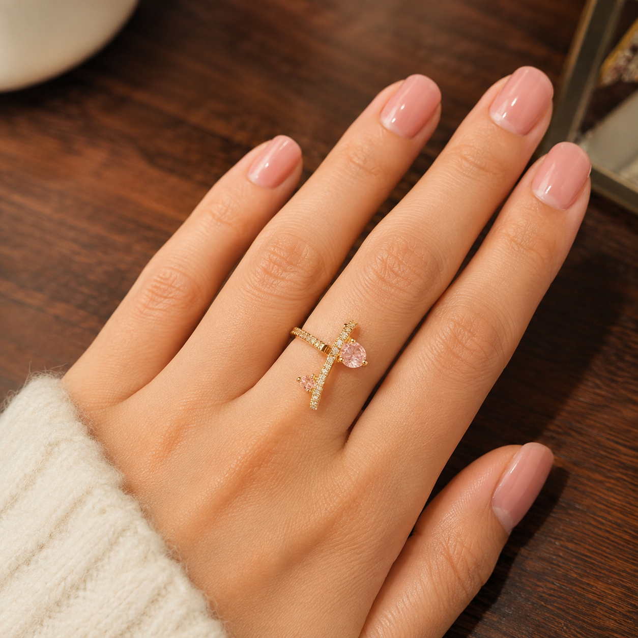 Open Pink Crystal Adjustable  Ring