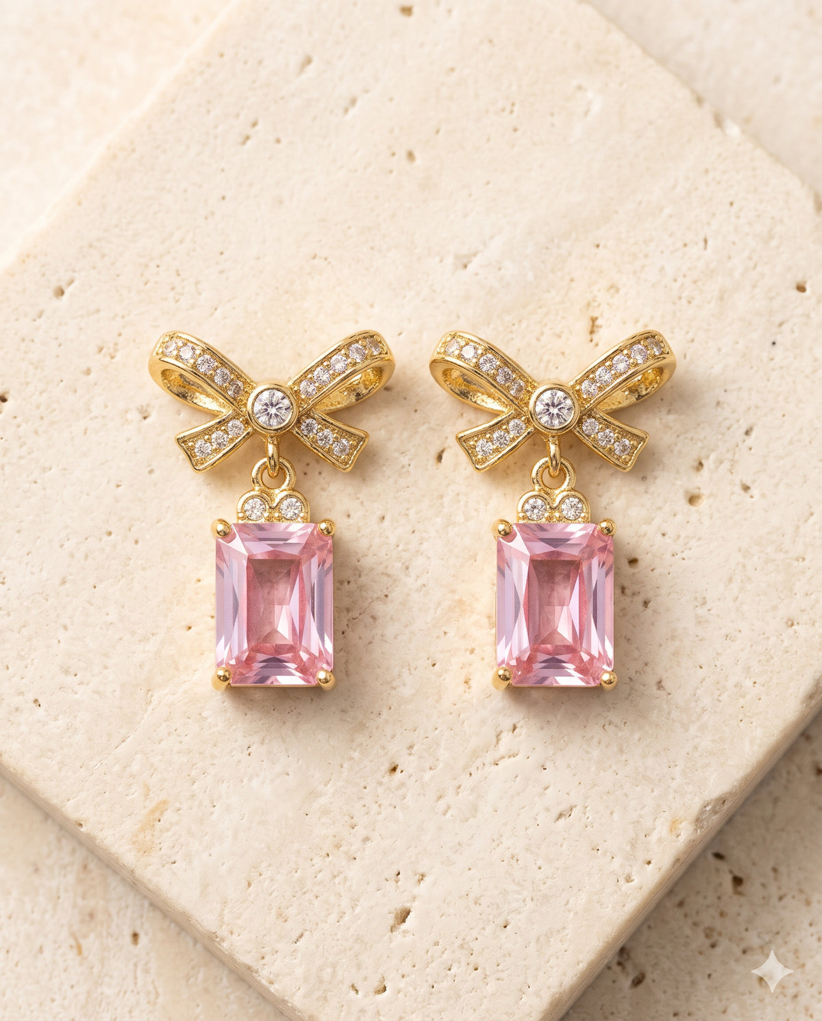 Pink Bow Emerald-Cut Drop Earrings