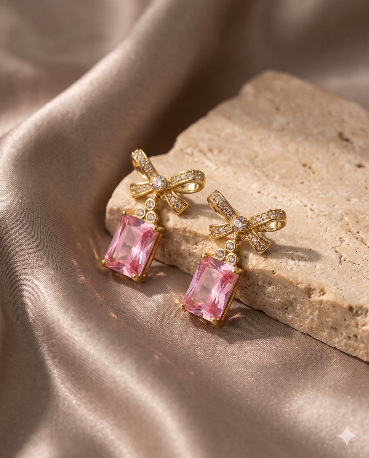 Pink Bow Emerald-Cut Drop Earrings