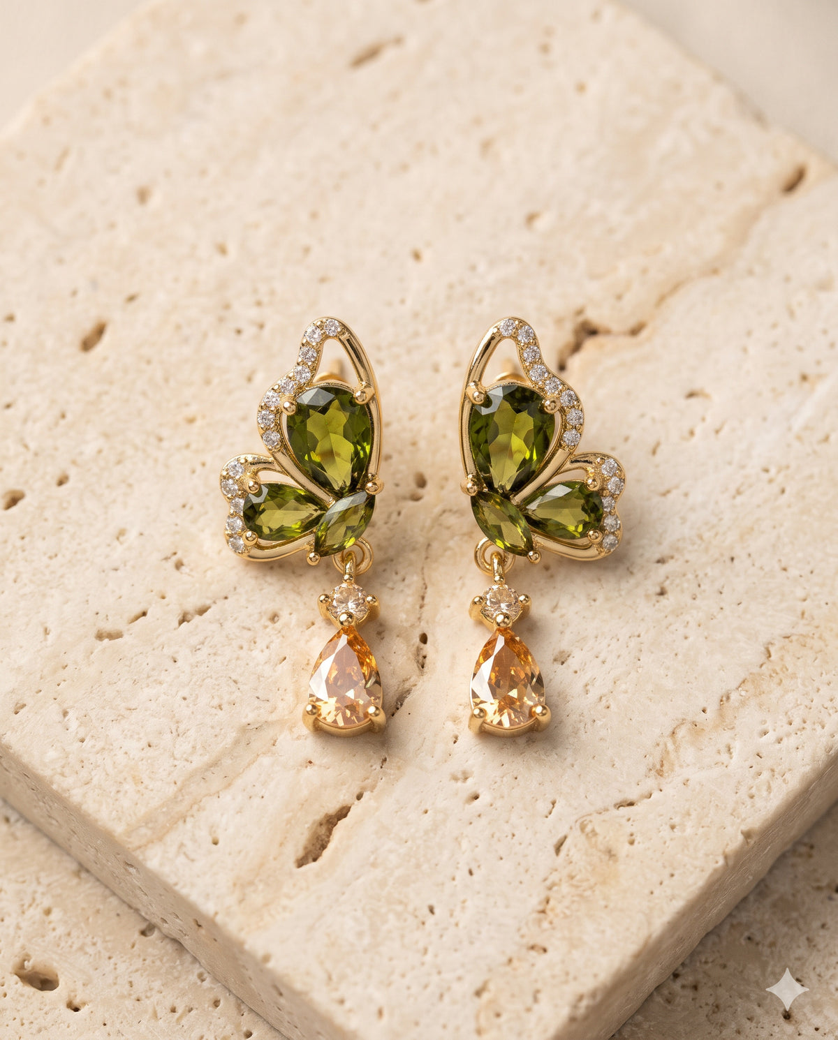 Olive Butterfly Champagne Drop Earrings