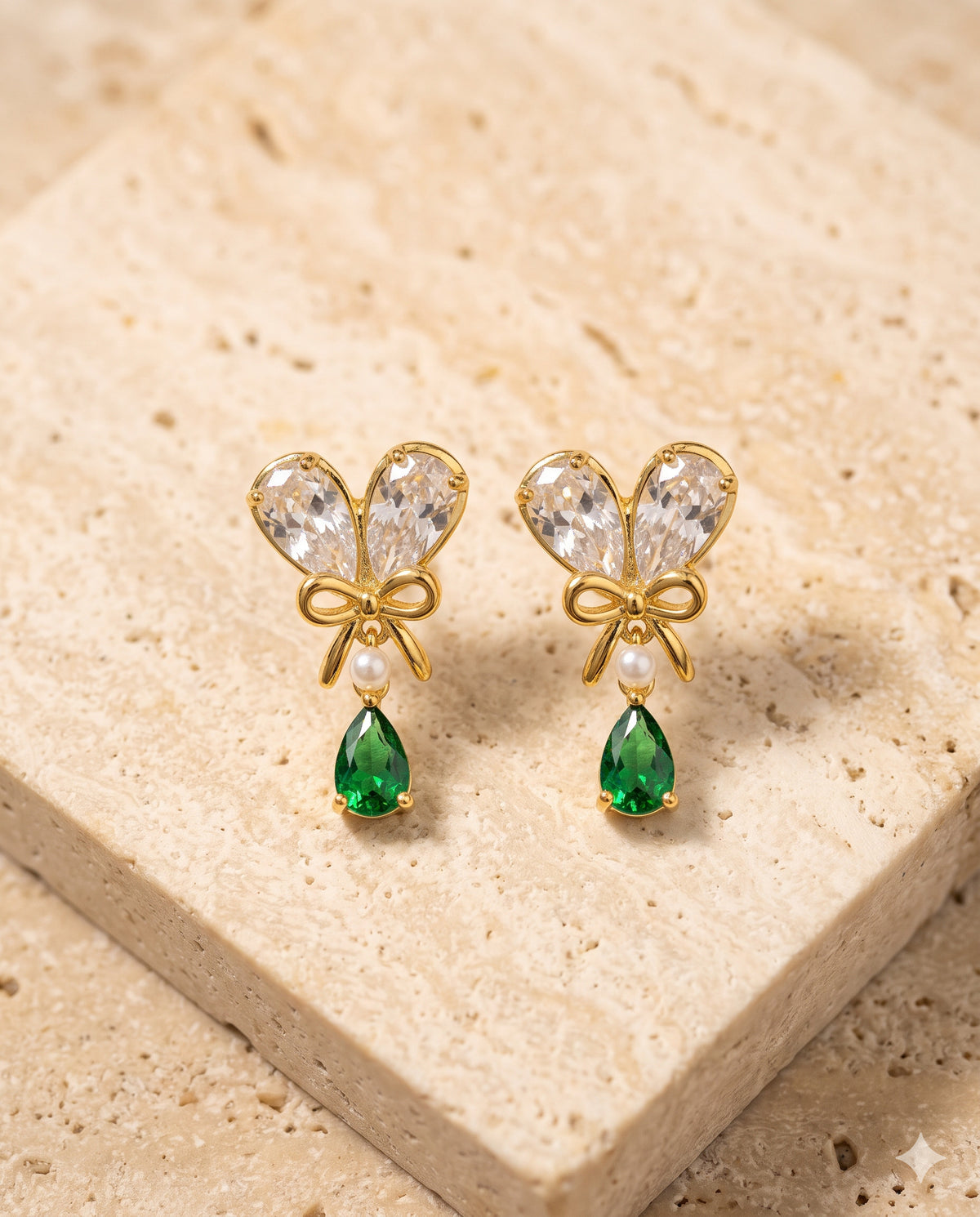 Bow, Pearl and Green Stone Drop Earrings