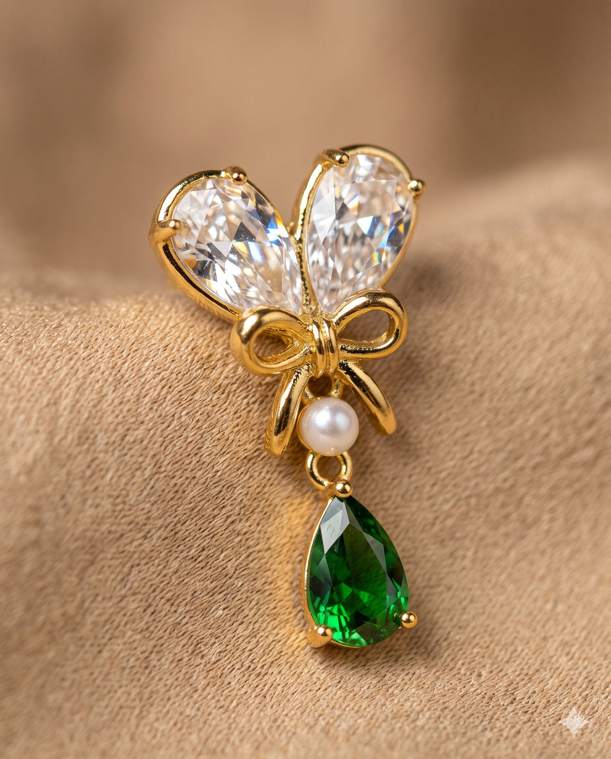 Bow, Pearl and Green Stone Drop Earrings