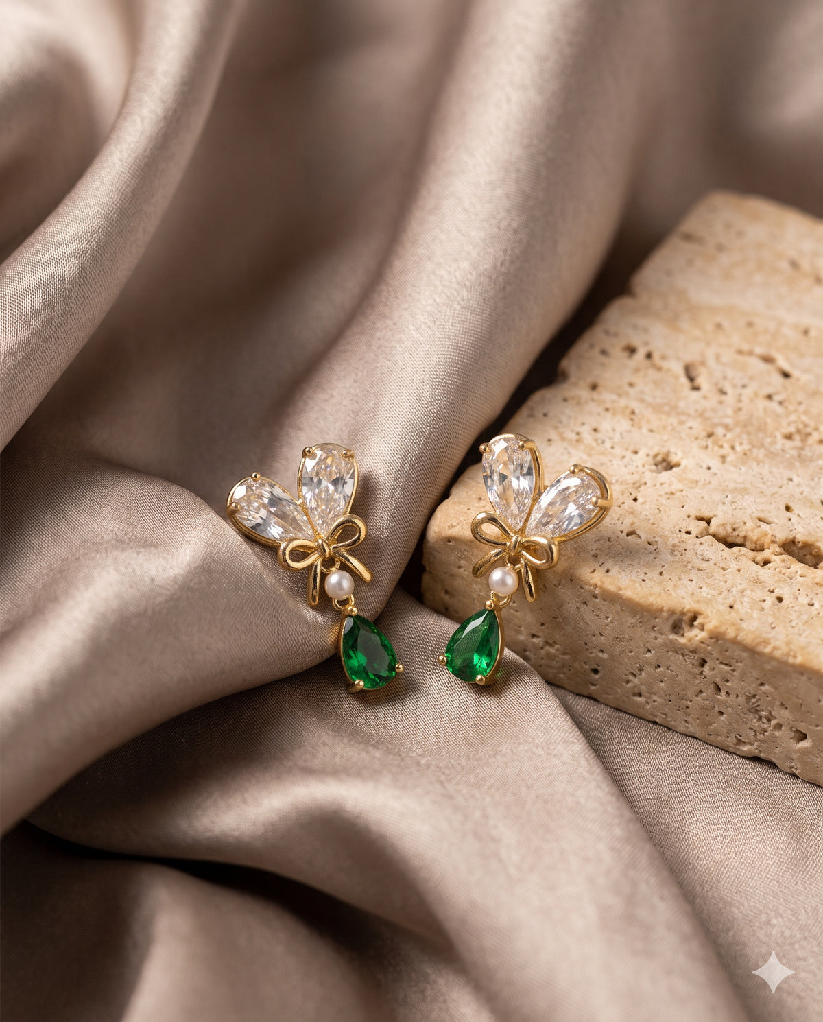 Bow, Pearl and Green Stone Drop Earrings