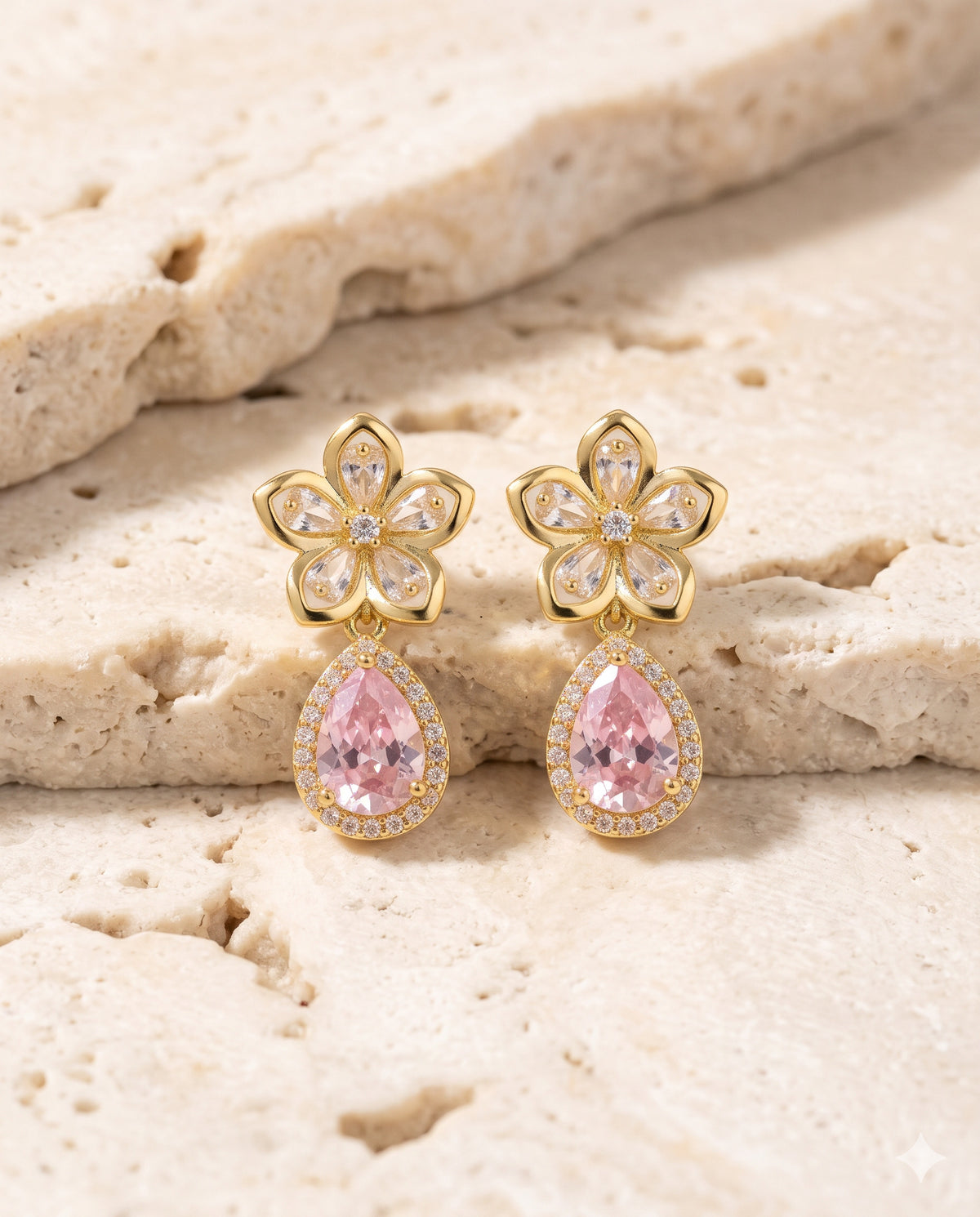 Crystal Flower Pink Pear Drop Earrings