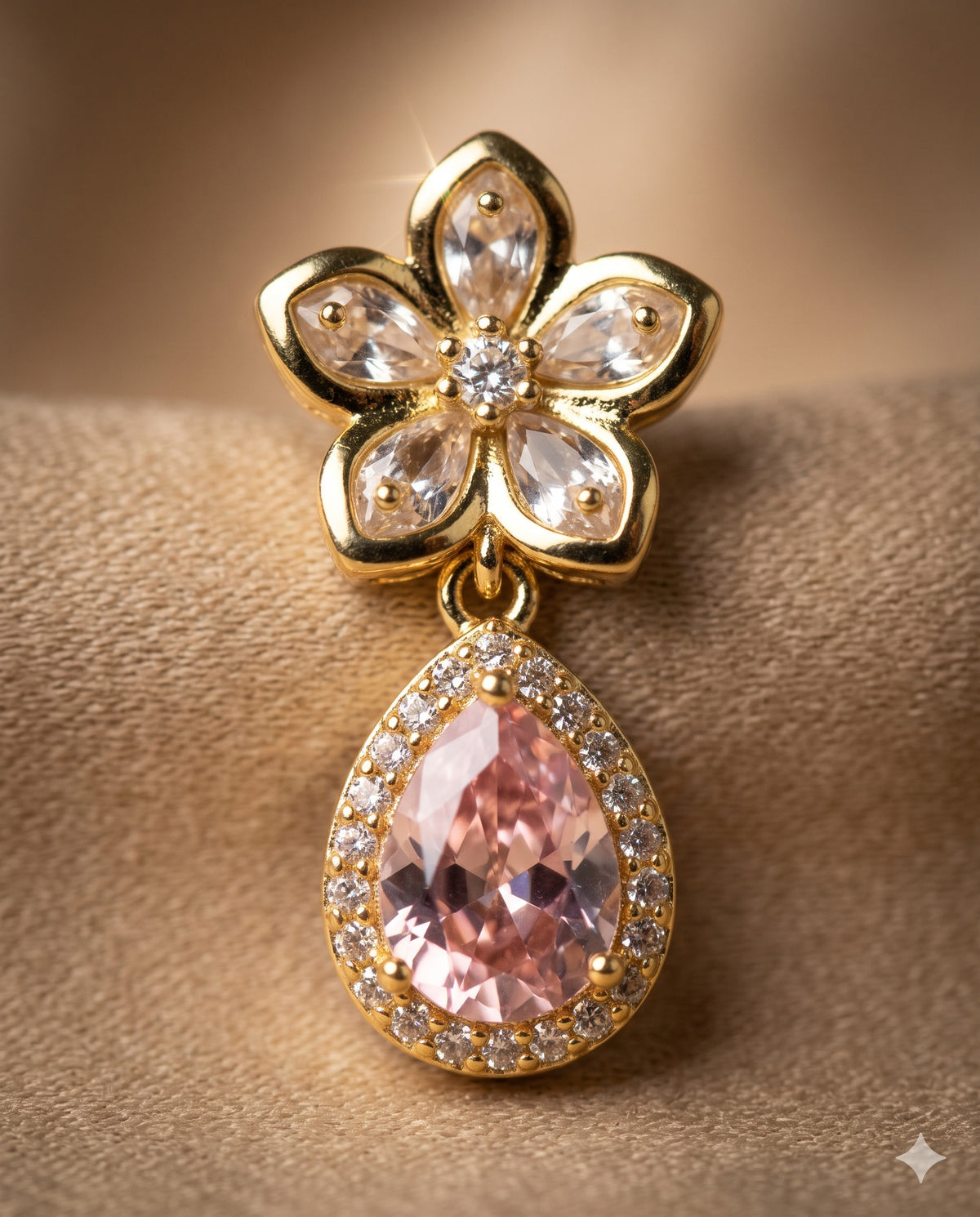 Crystal Flower Pink Pear Drop Earrings