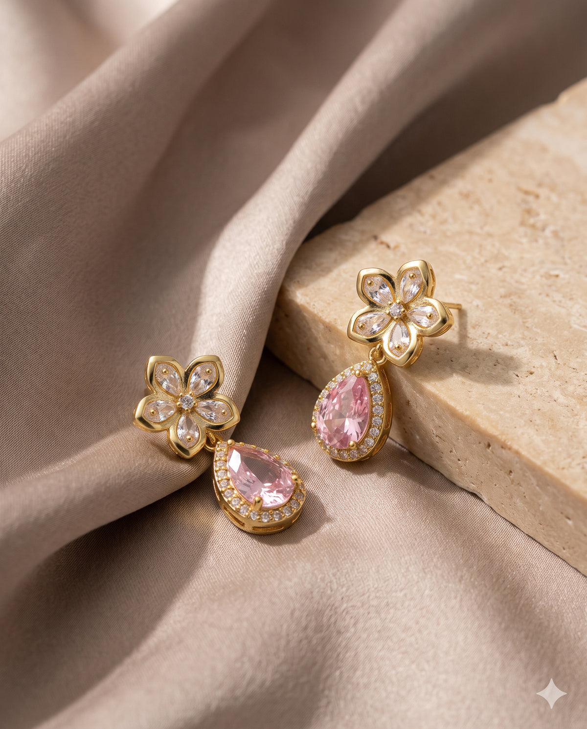Crystal Flower Pink Pear Drop Earrings