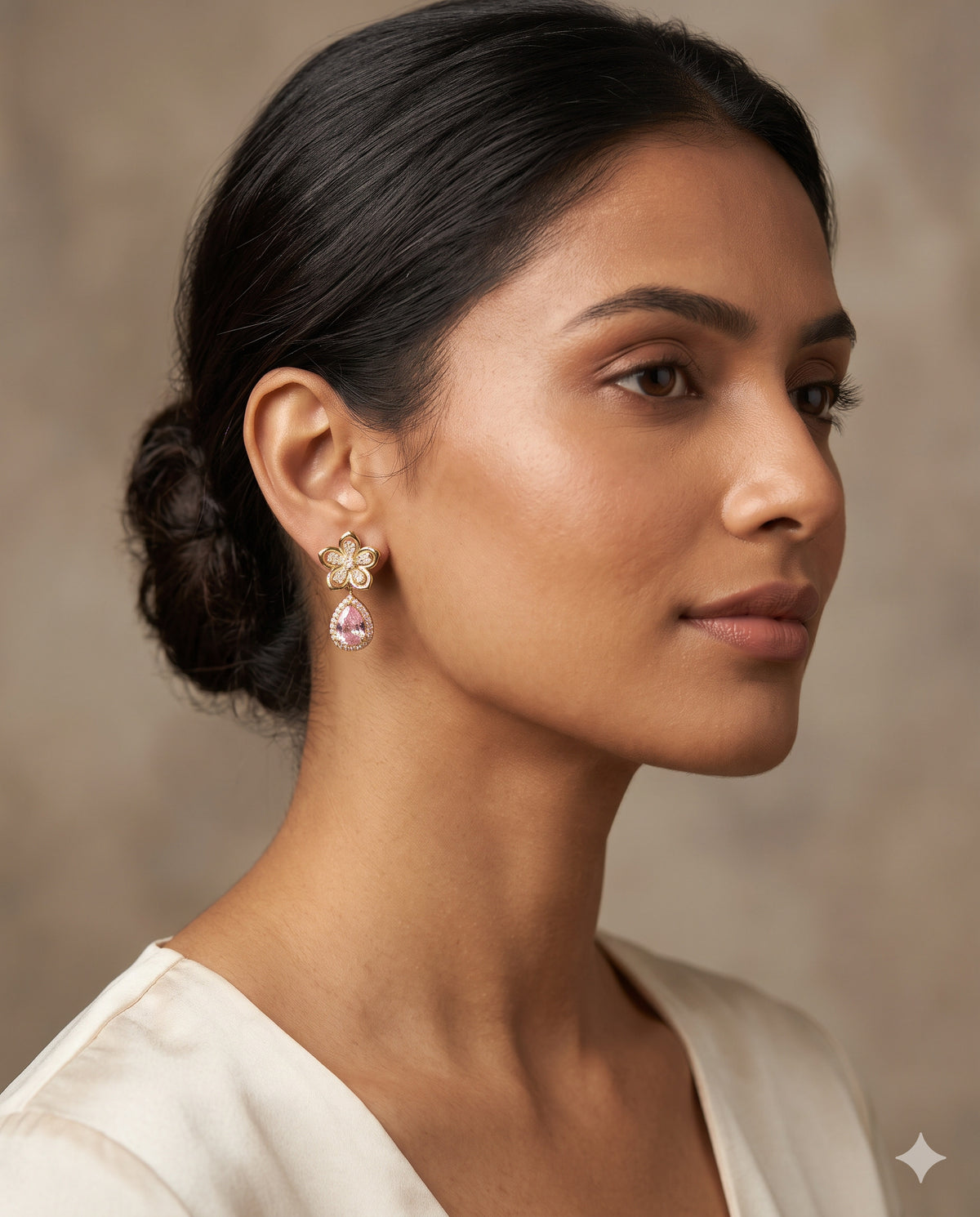Crystal Flower Pink Pear Drop Earrings