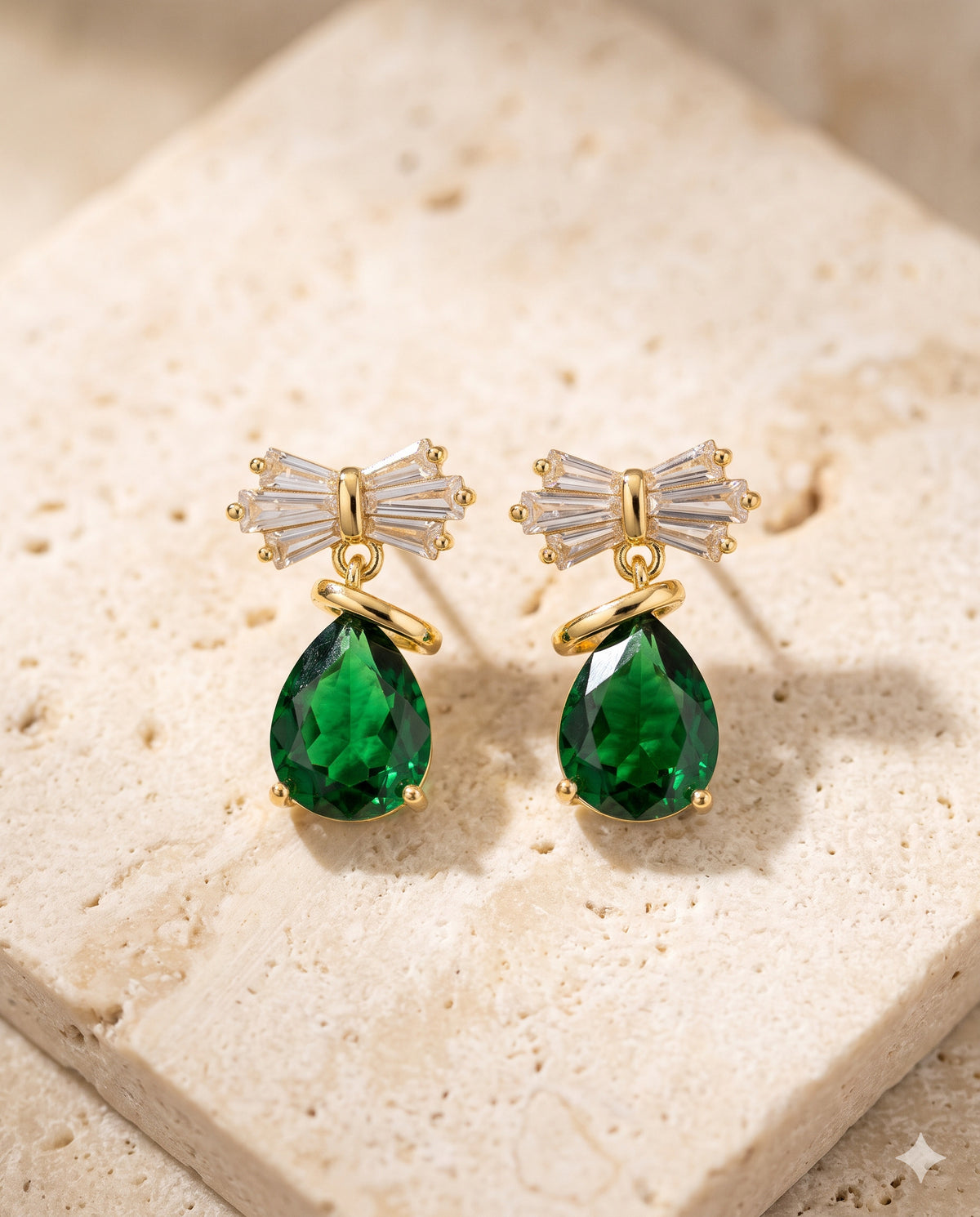 Baguette Bow Green Pear Drop Earrings