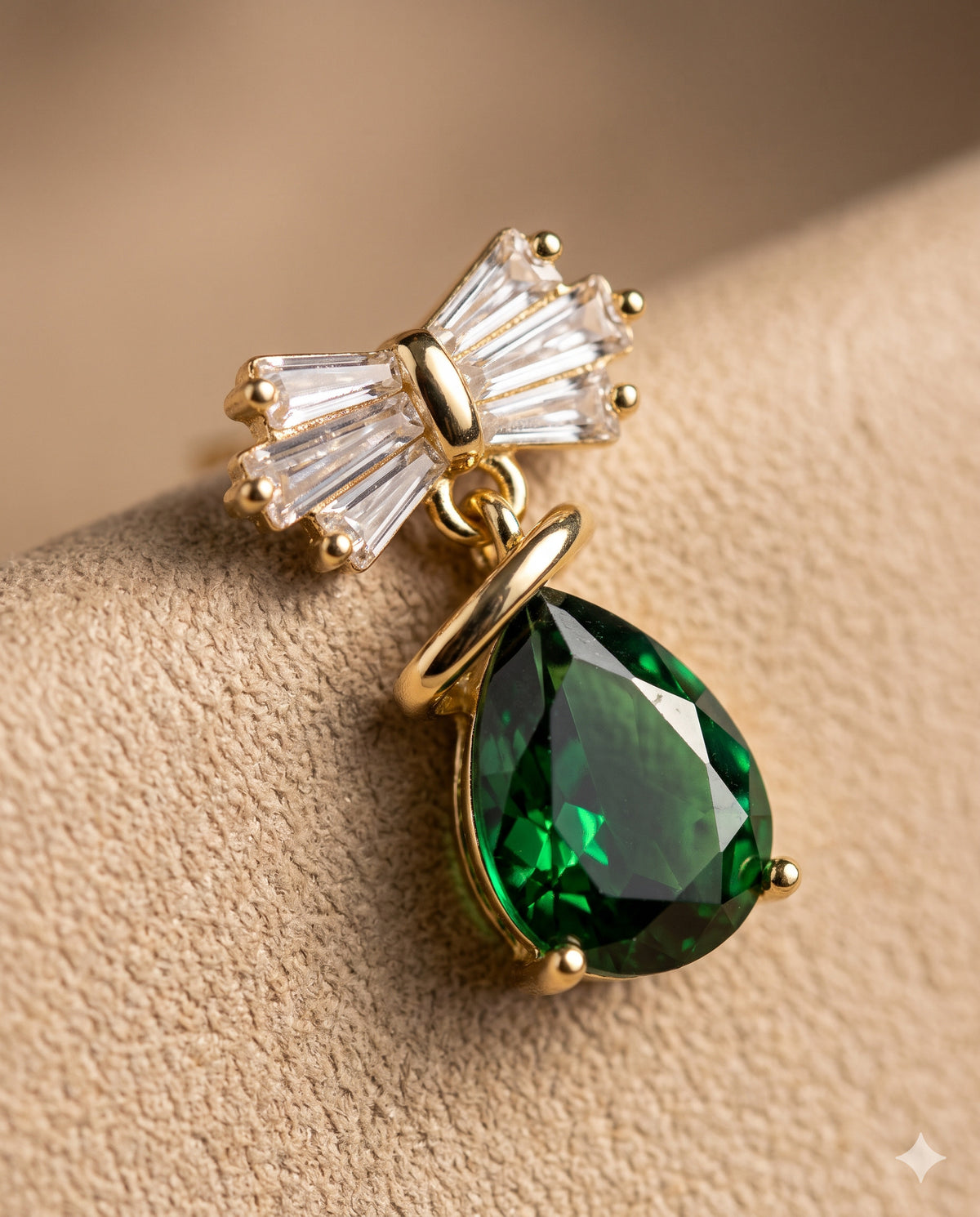 Baguette Bow Green Pear Drop Earrings
