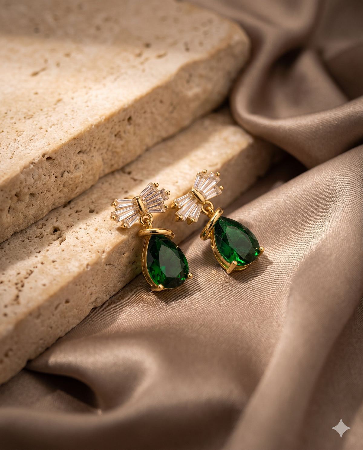 Baguette Bow Green Pear Drop Earrings