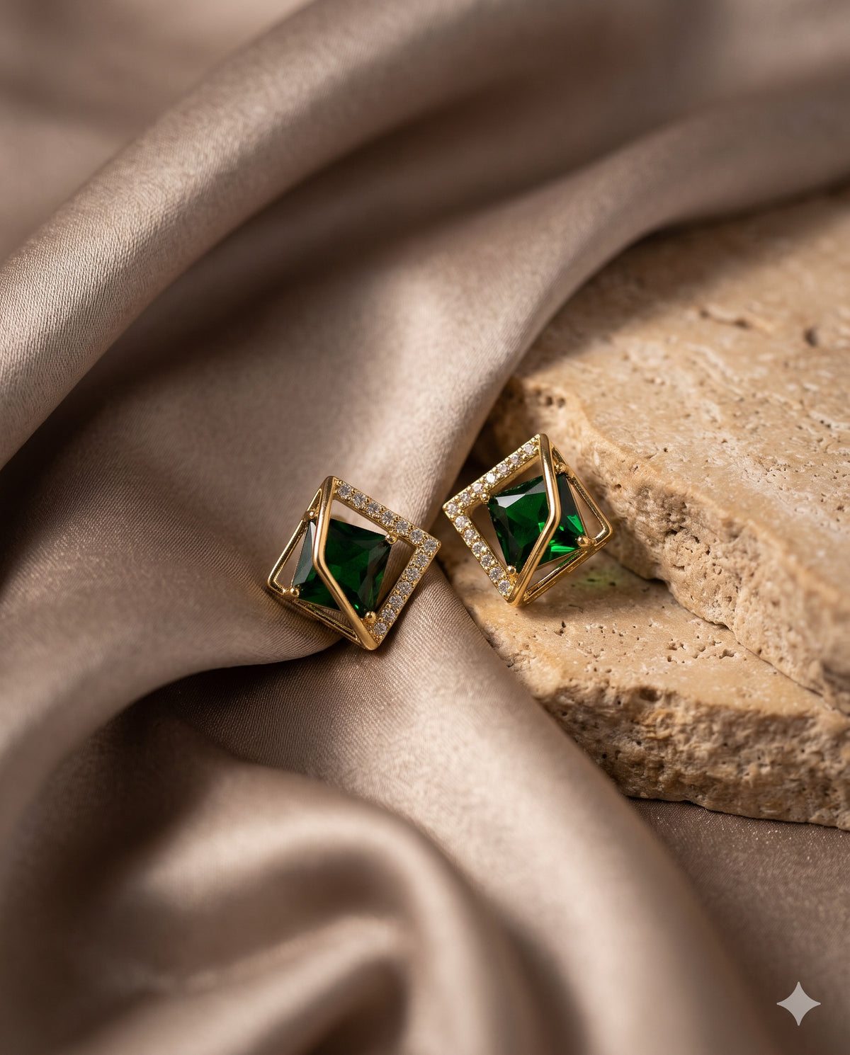 Green Stone Geometric Frame Stud Earrings
