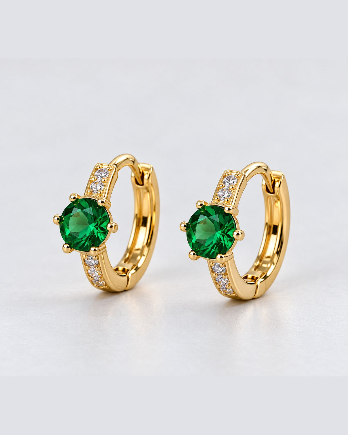 Green Round Stone Pave Huggie Earrings