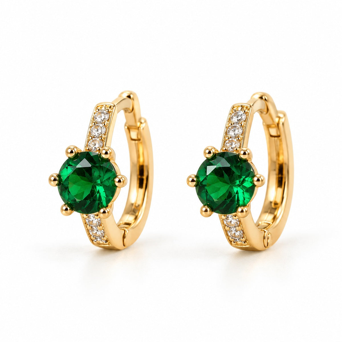 Green Round Stone Pave Huggie Earrings