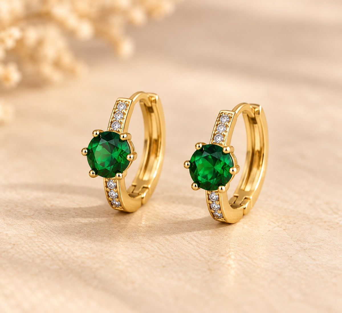 Green Round Stone Pave Huggie Earrings