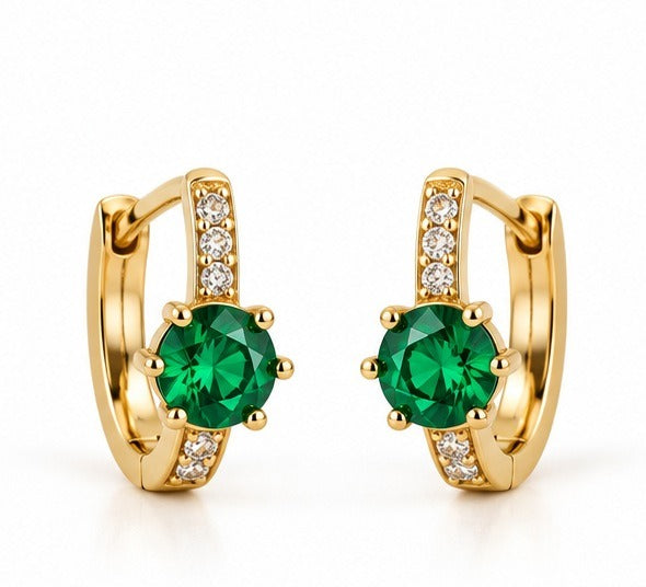 Green Round Stone Pave Huggie Earrings