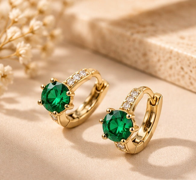 Green Round Stone Pave Huggie Earrings