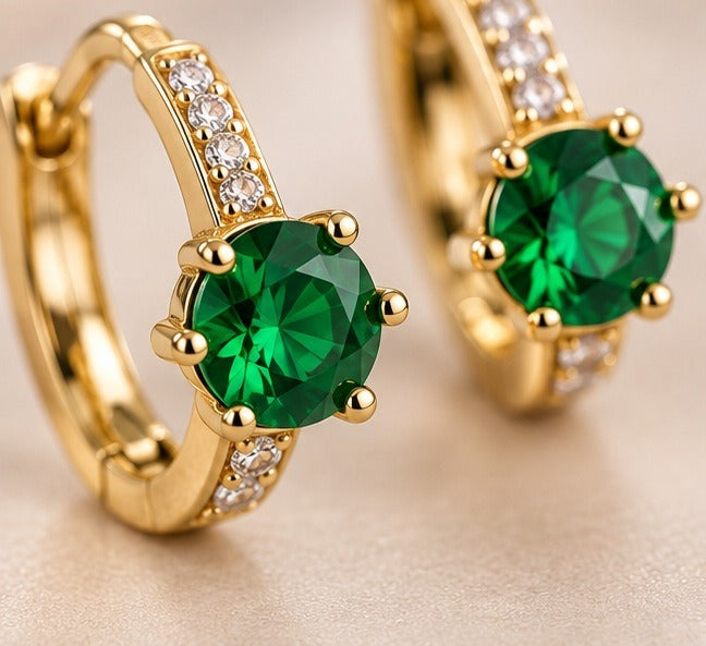 Green Round Stone Pave Huggie Earrings