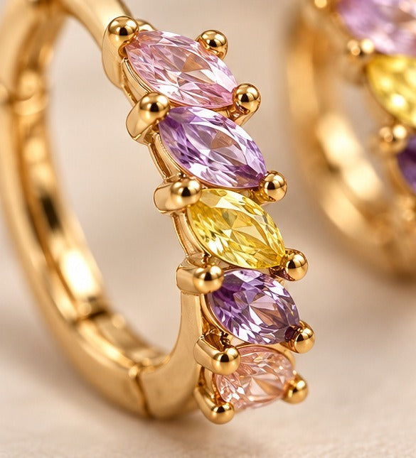 Lilac and Yellow Marquise Huggie Earrings