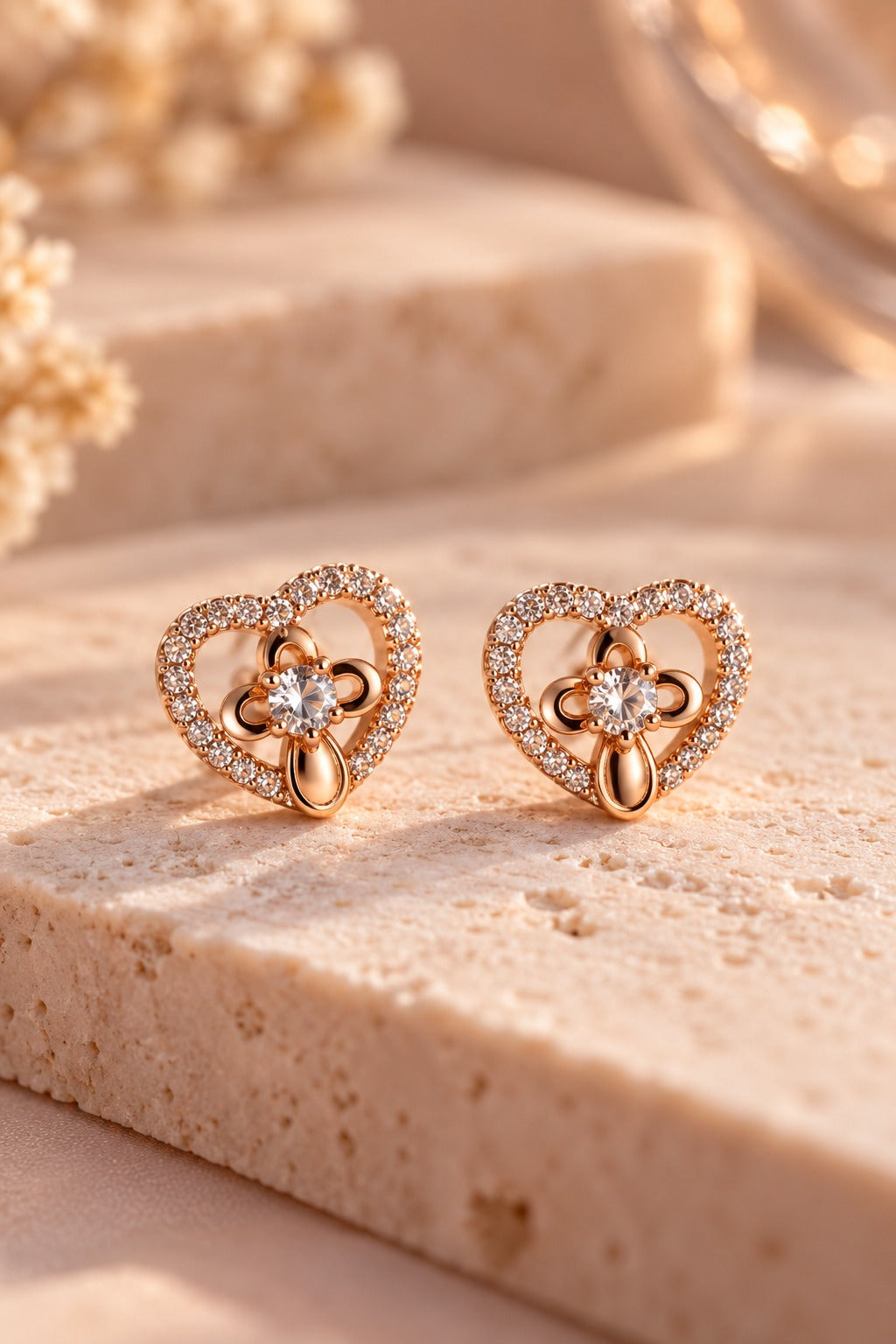 Heart Outline Crystal Flower Stud Earrings