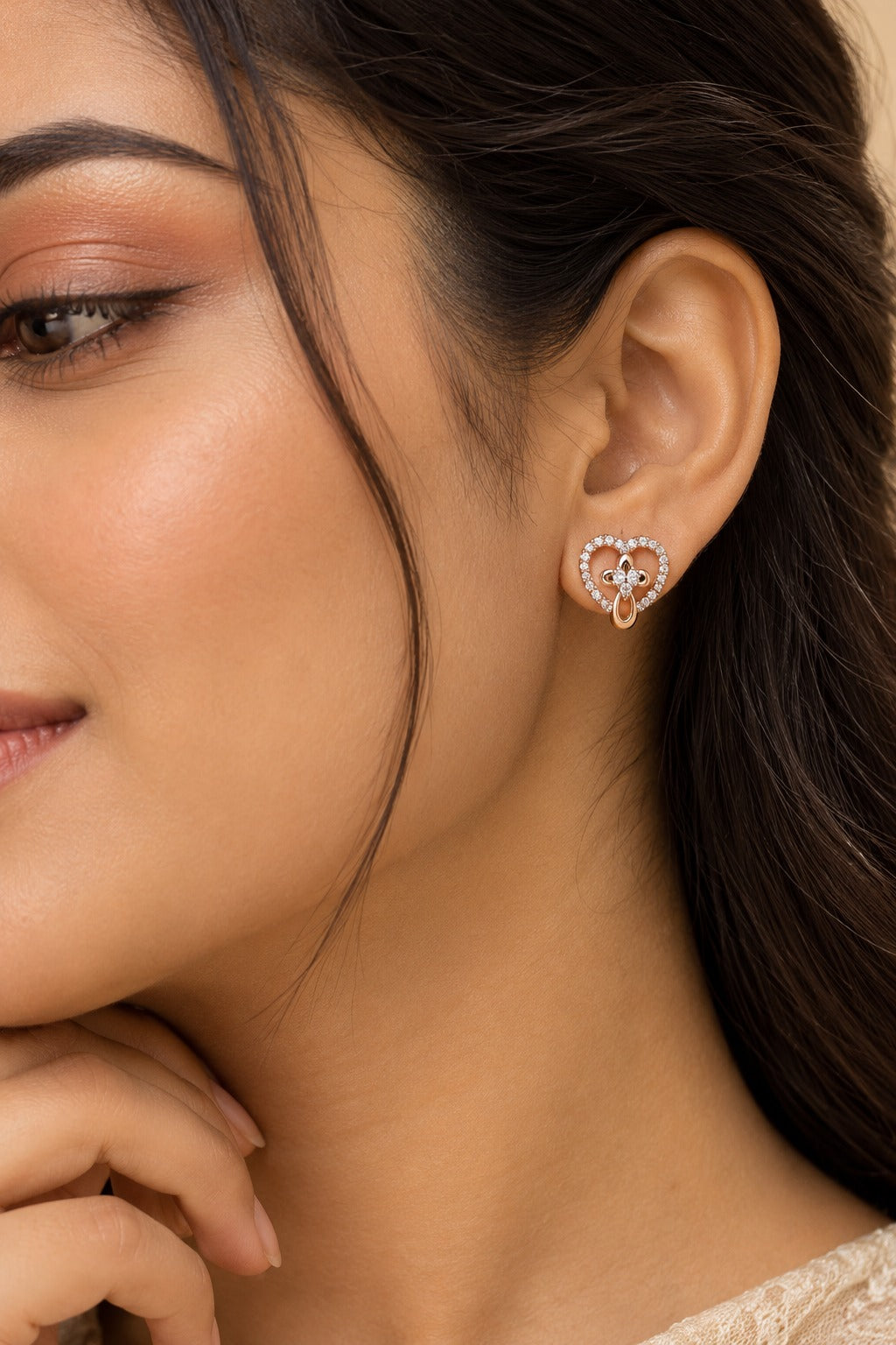 Heart Outline Crystal Flower Stud Earrings