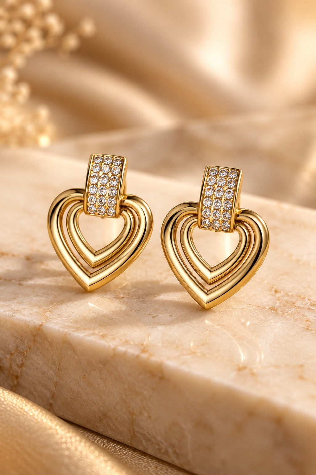 Double Heart Pave Drop Earrings
