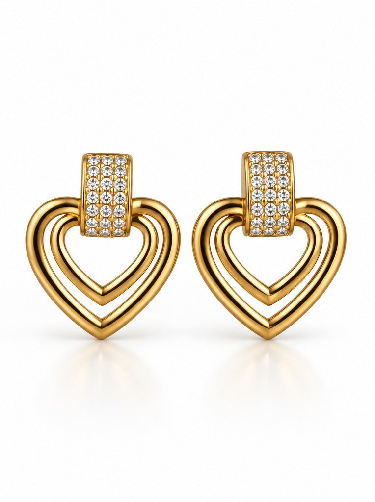 Double Heart Pave Drop Earrings