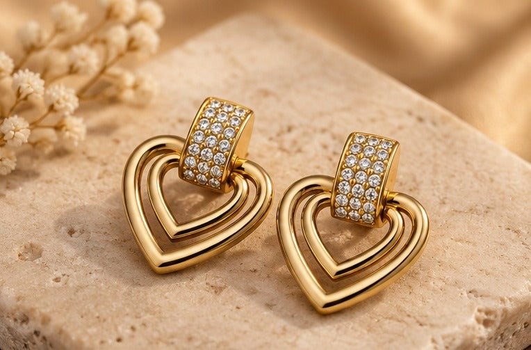 Double Heart Pave Drop Earrings