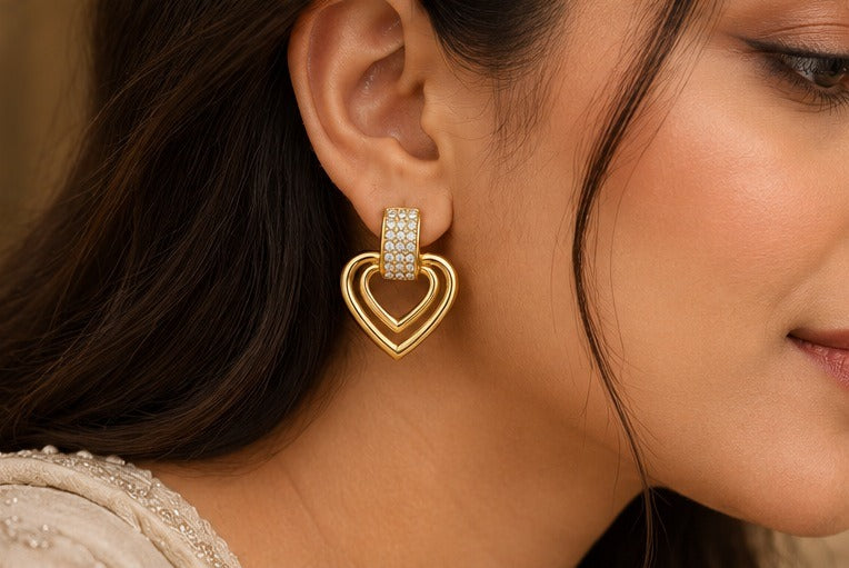 Double Heart Pave Drop Earrings