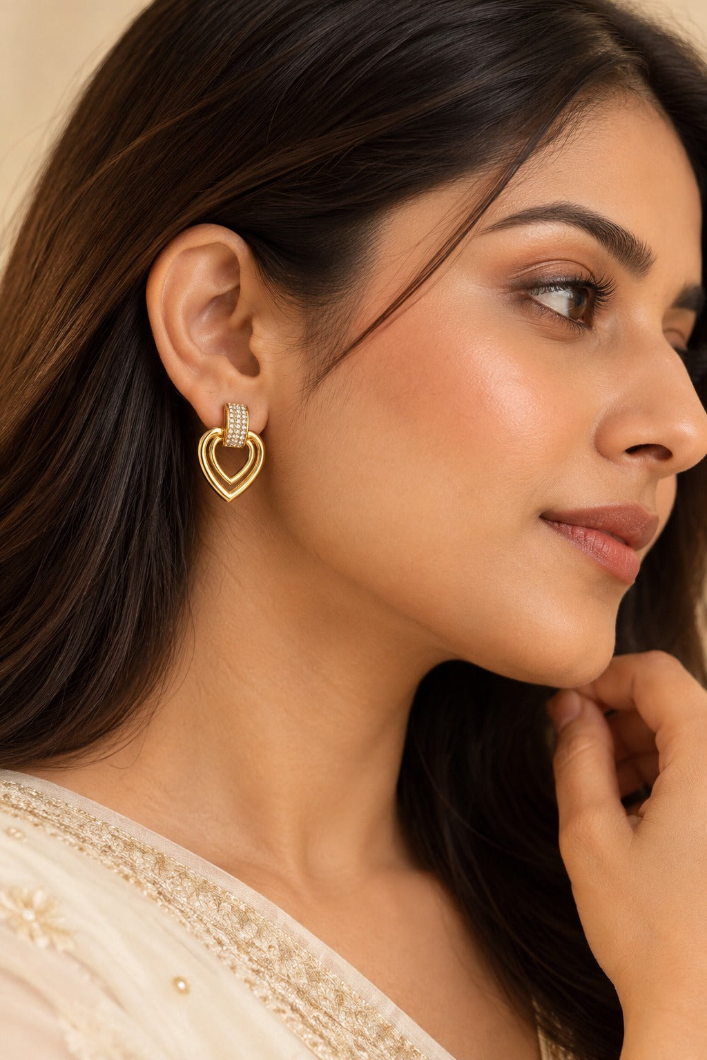 Double Heart Pave Drop Earrings