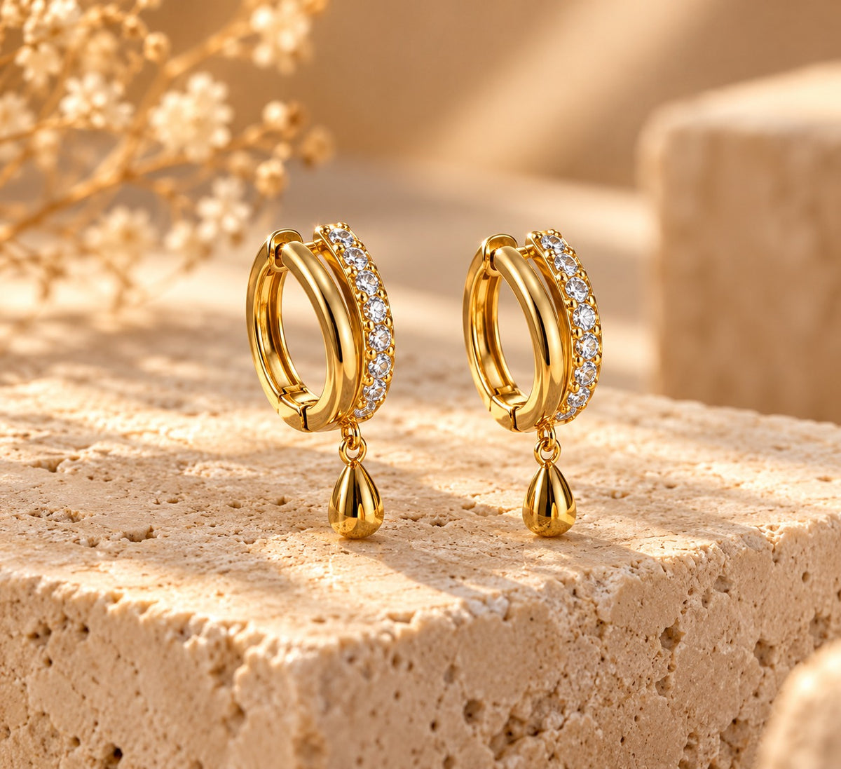 Pave Bar Huggie Earrings with Gold Drop
