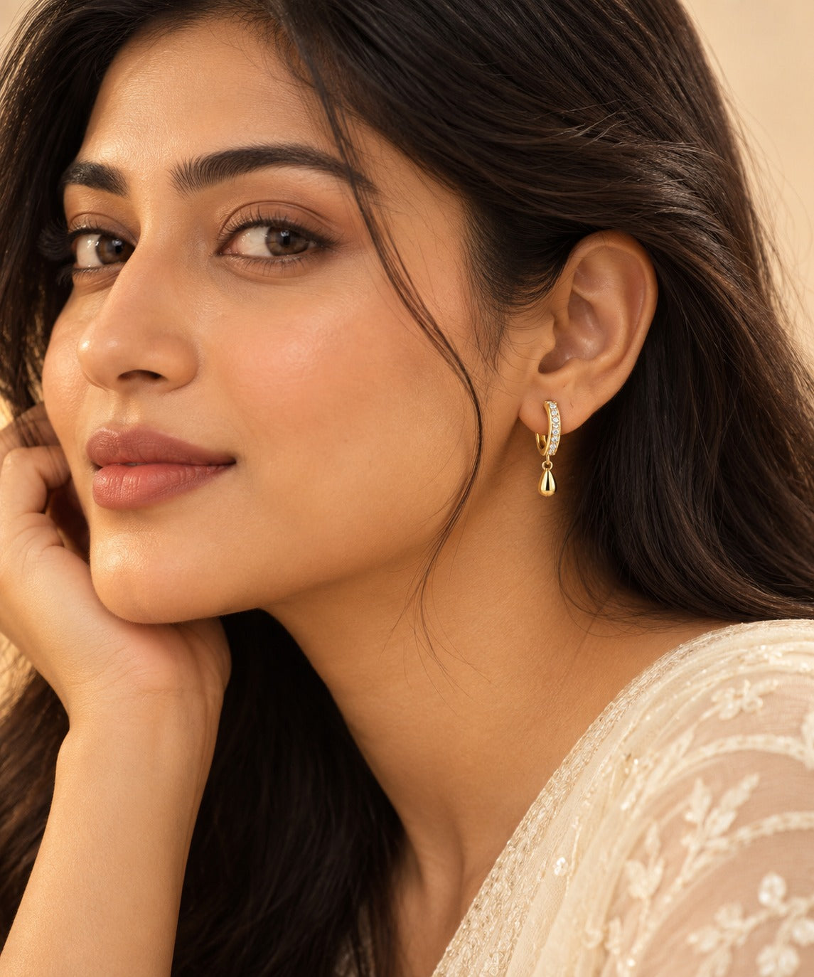 Pave Bar Huggie Earrings with Gold Drop
