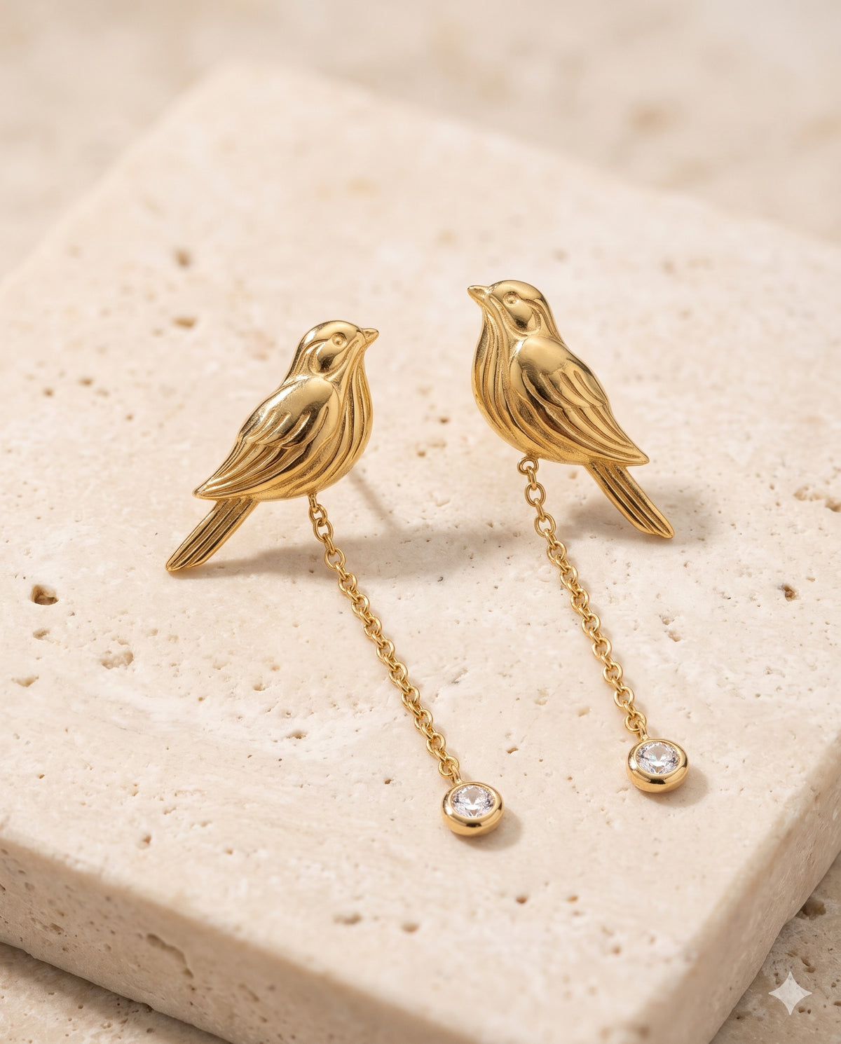 Gold Bird Stud Earrings with Chain Drop