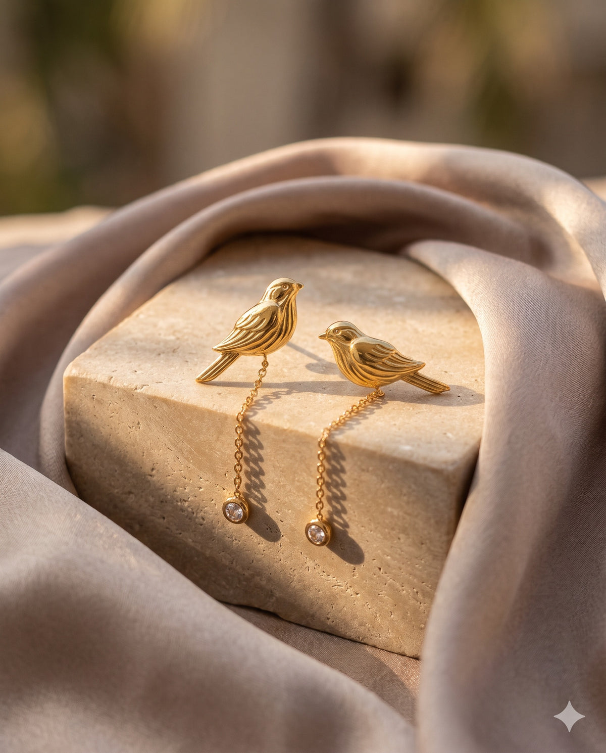Gold Bird Stud Earrings with Chain Drop