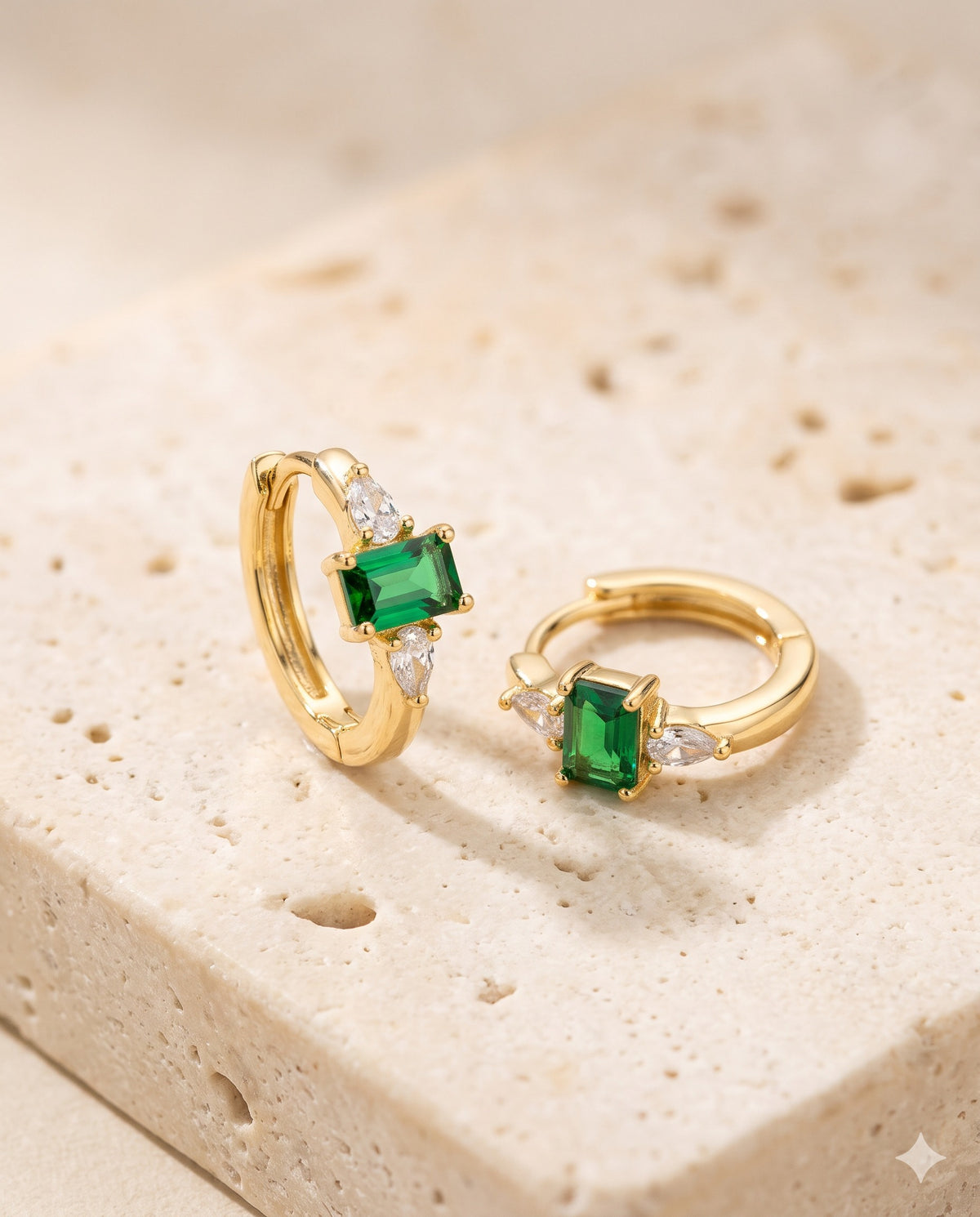 Green Emerald-Cut Stone Huggie Earrings