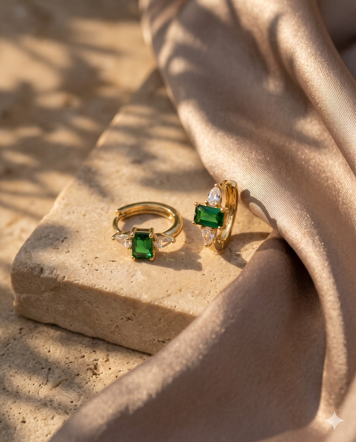 Green Emerald-Cut Stone Huggie Earrings