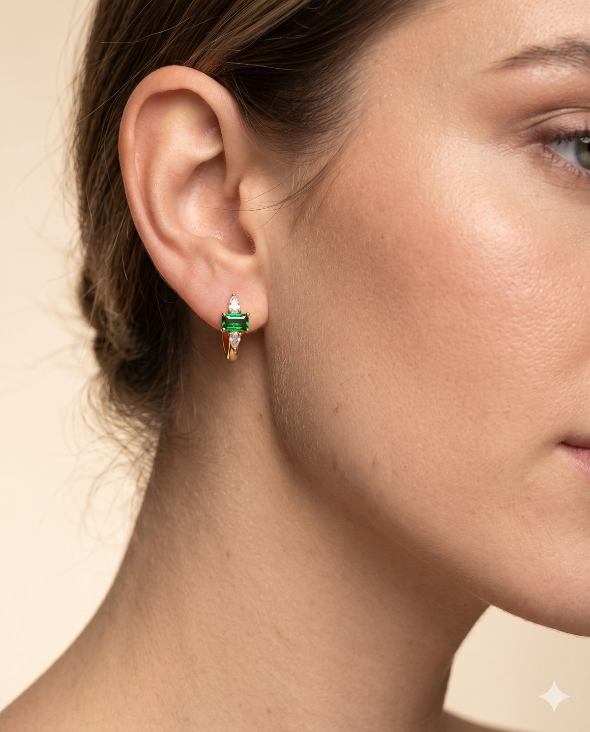 Green Emerald-Cut Stone Huggie Earrings