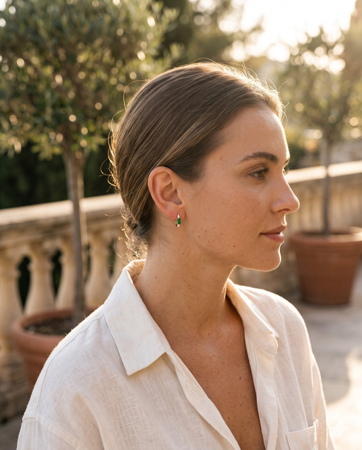 Green Emerald-Cut Stone Huggie Earrings