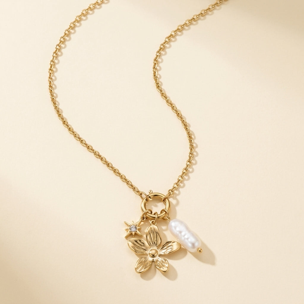 Flower and Pearl-Look Charm Necklace