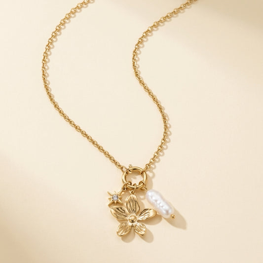 Flower and Pearl-Look Charm Necklace