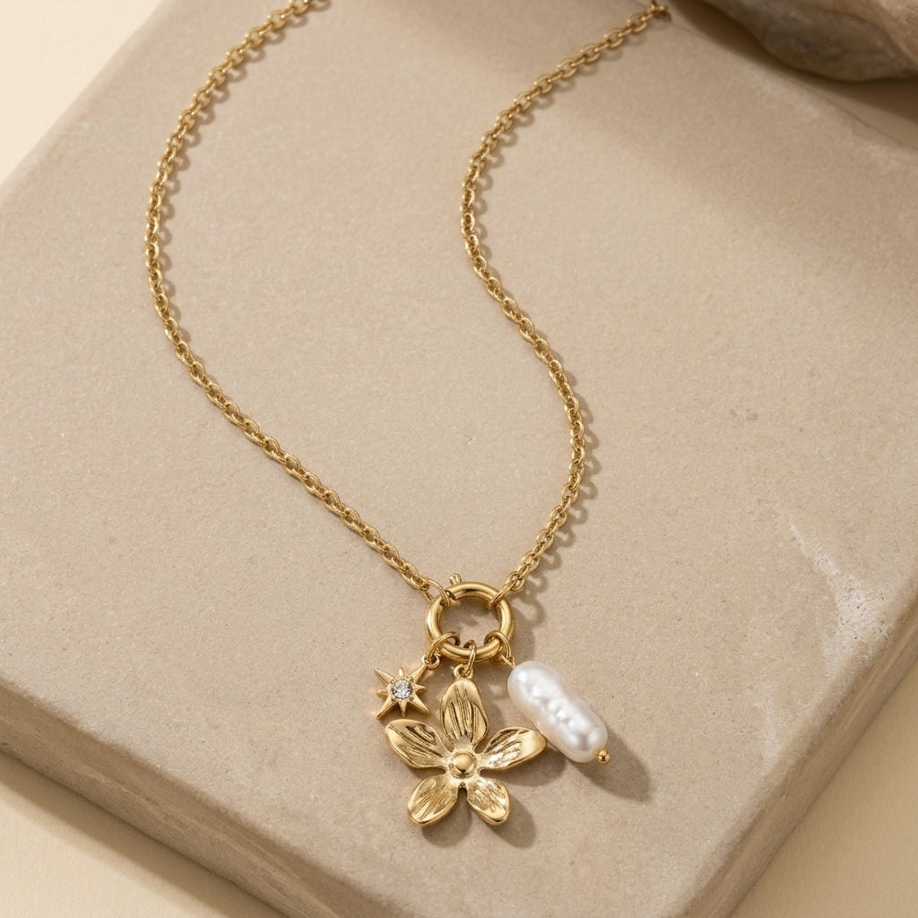 Flower and Pearl-Look Charm Necklace