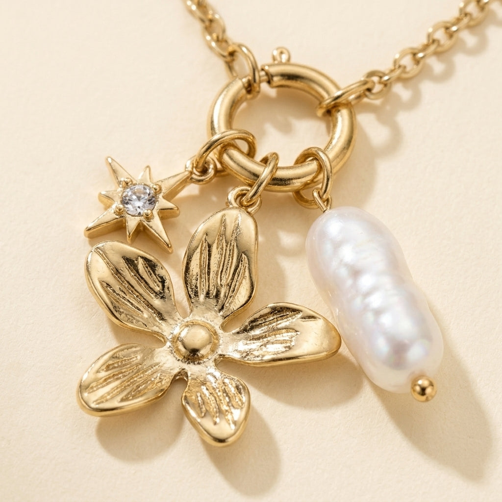 Flower and Pearl-Look Charm Necklace