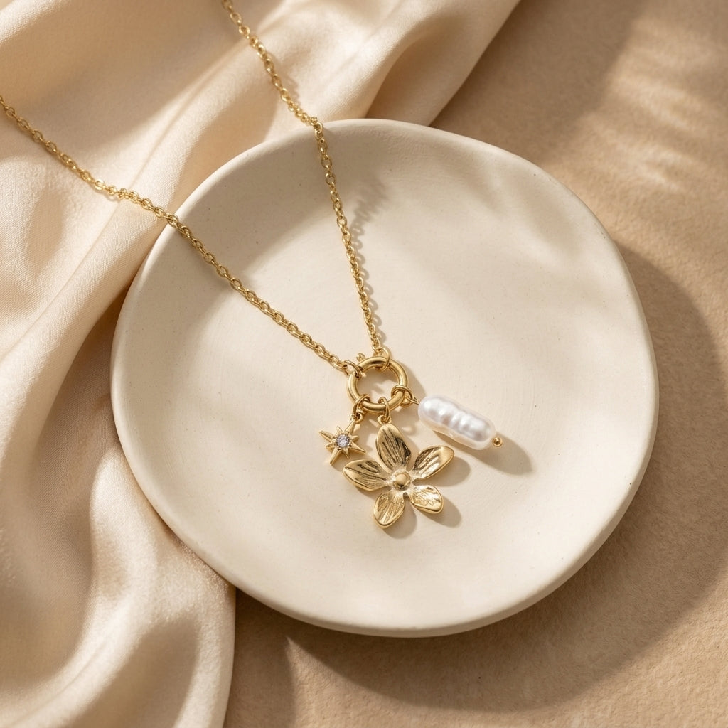 Flower and Pearl-Look Charm Necklace