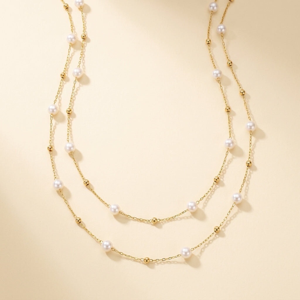 Double-Strand Pearl-Look Station Necklace