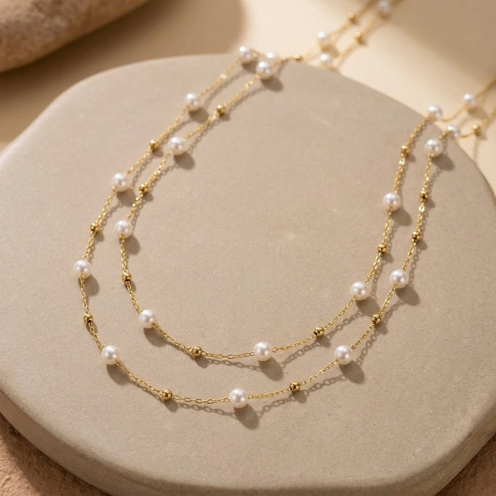 Double-Strand Pearl-Look Station Necklace